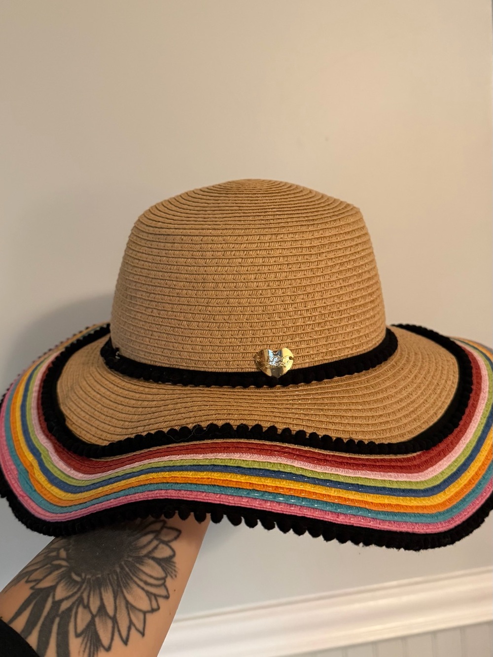 Betsy Johnson Straw Sun Hat with Multicolor Trim and Heart Accent